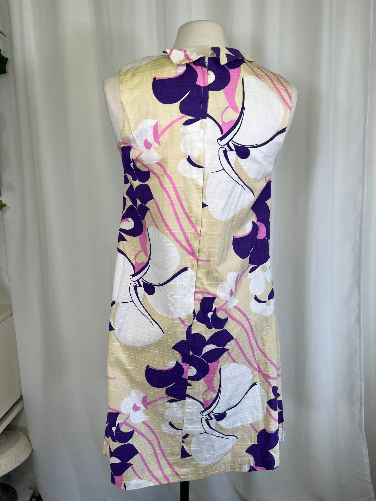 1960's Tan & Purple Floral Tie Neck A-Line Dress