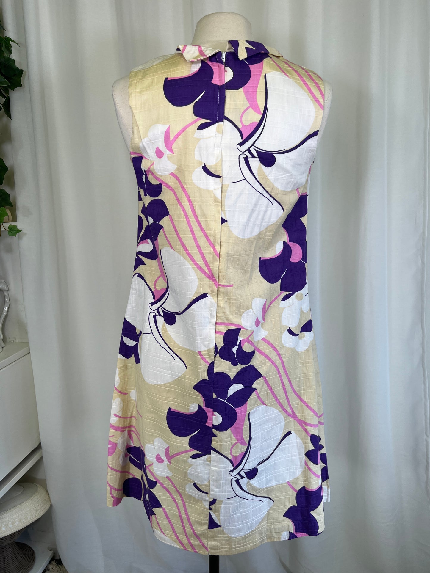 1960's Tan & Purple Floral Tie Neck A-Line Dress