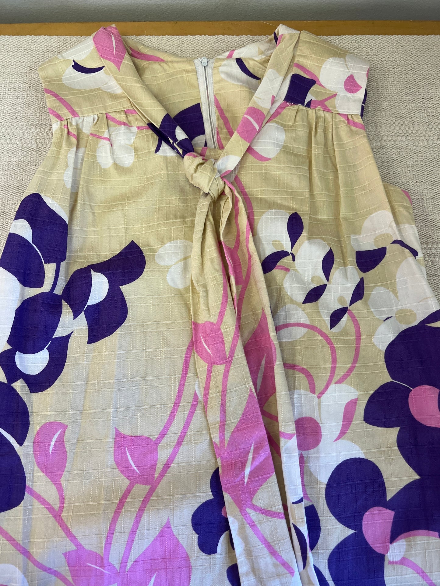 1960's Tan & Purple Floral Tie Neck A-Line Dress