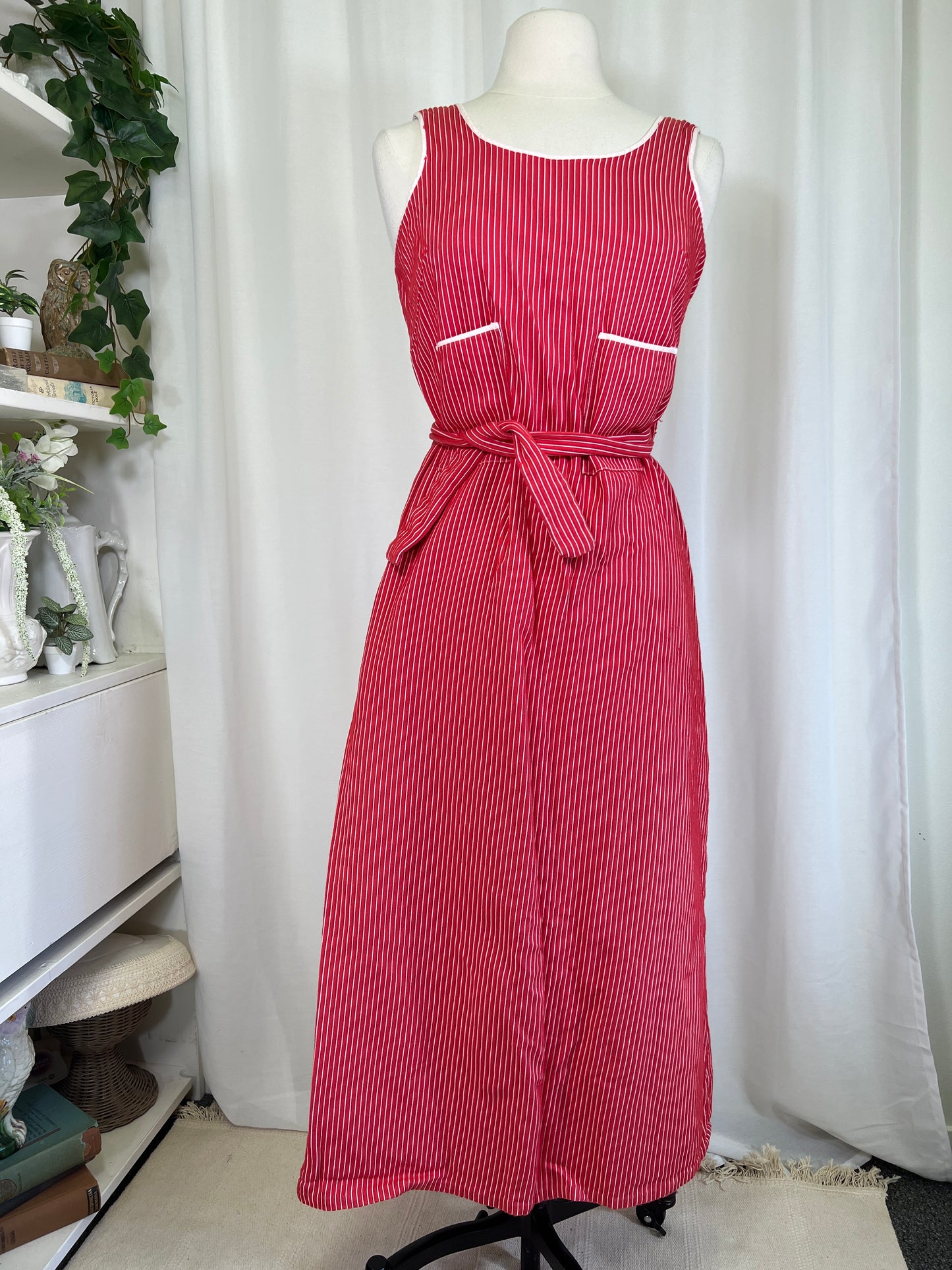 1970's Red & White Pinstripe Maxi Wrap Dress