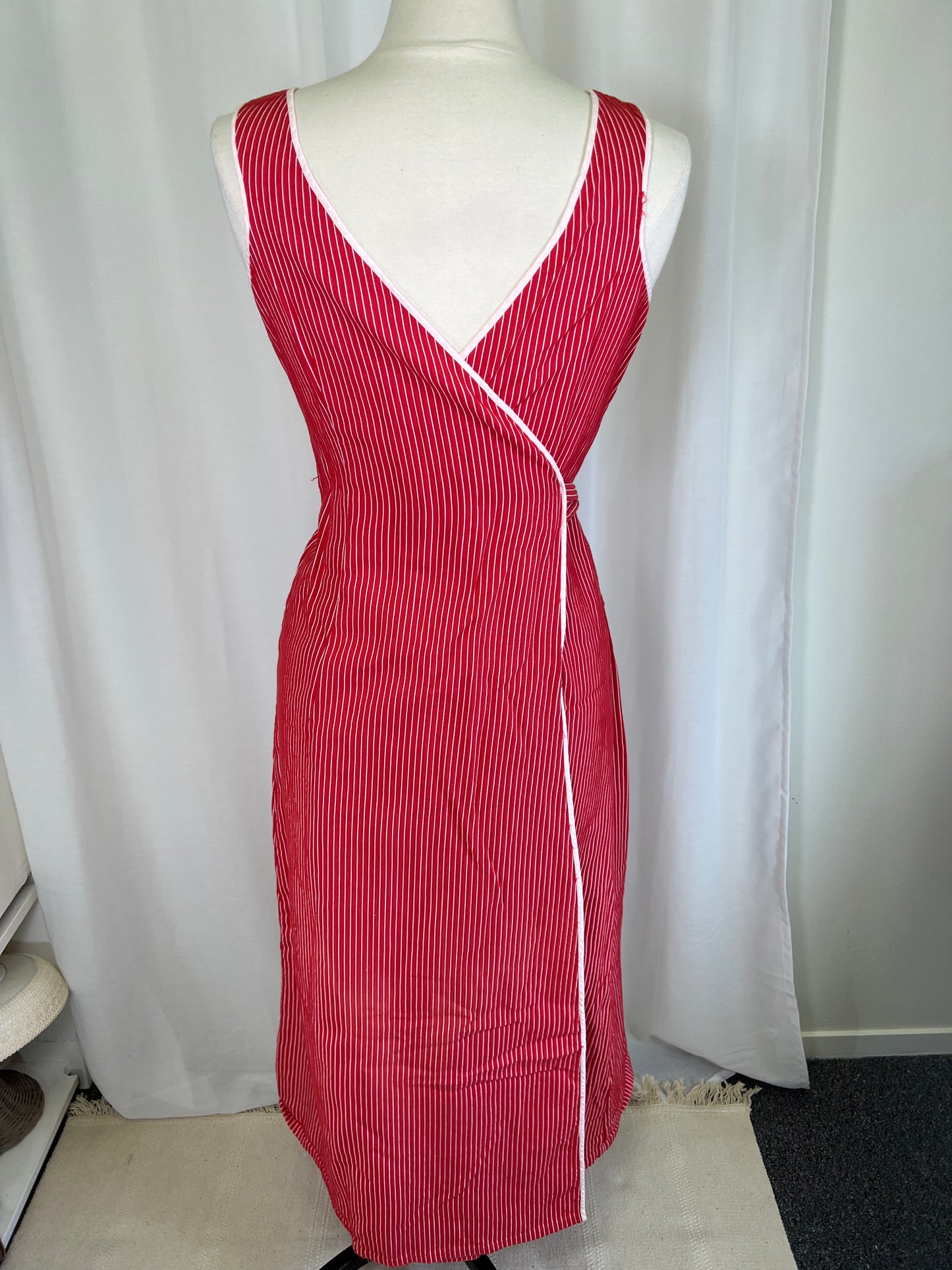 1970's Red & White Pinstripe Maxi Wrap Dress