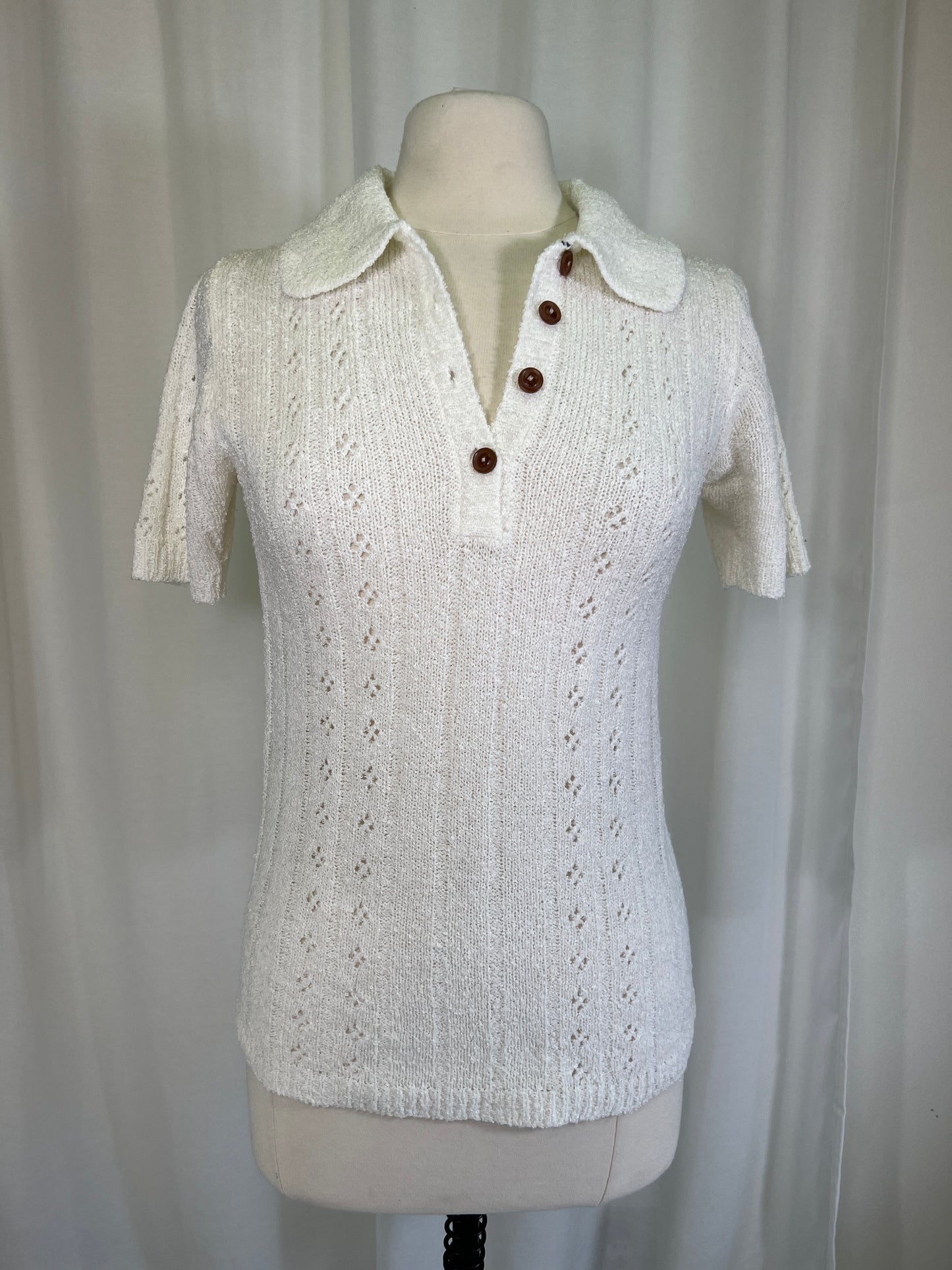 1970s White Pointelle Polo Button Sweater