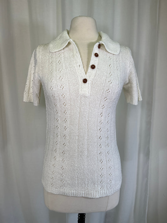 1970s White Pointelle Polo Button Sweater