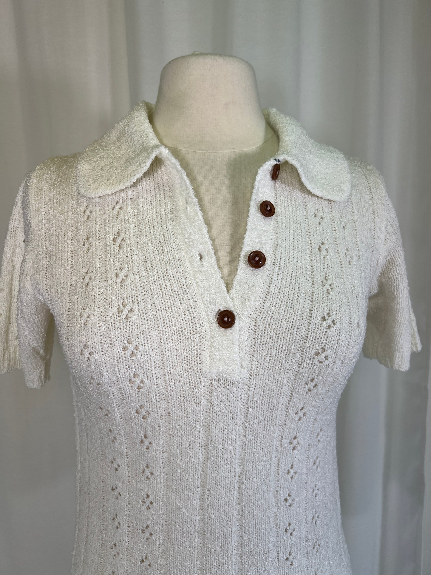 1970s White Pointelle Polo Button Sweater