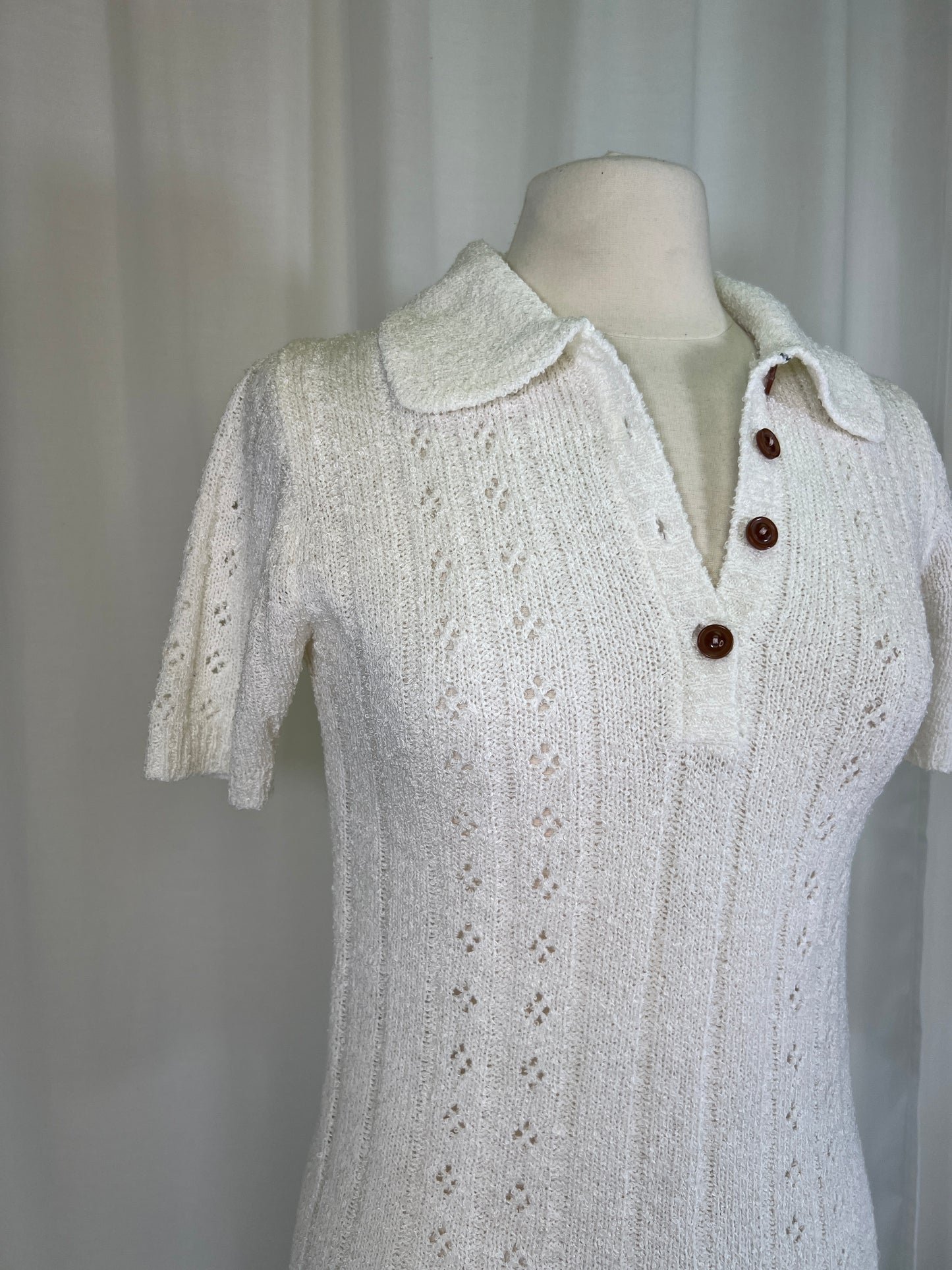 1970s White Pointelle Polo Button Sweater