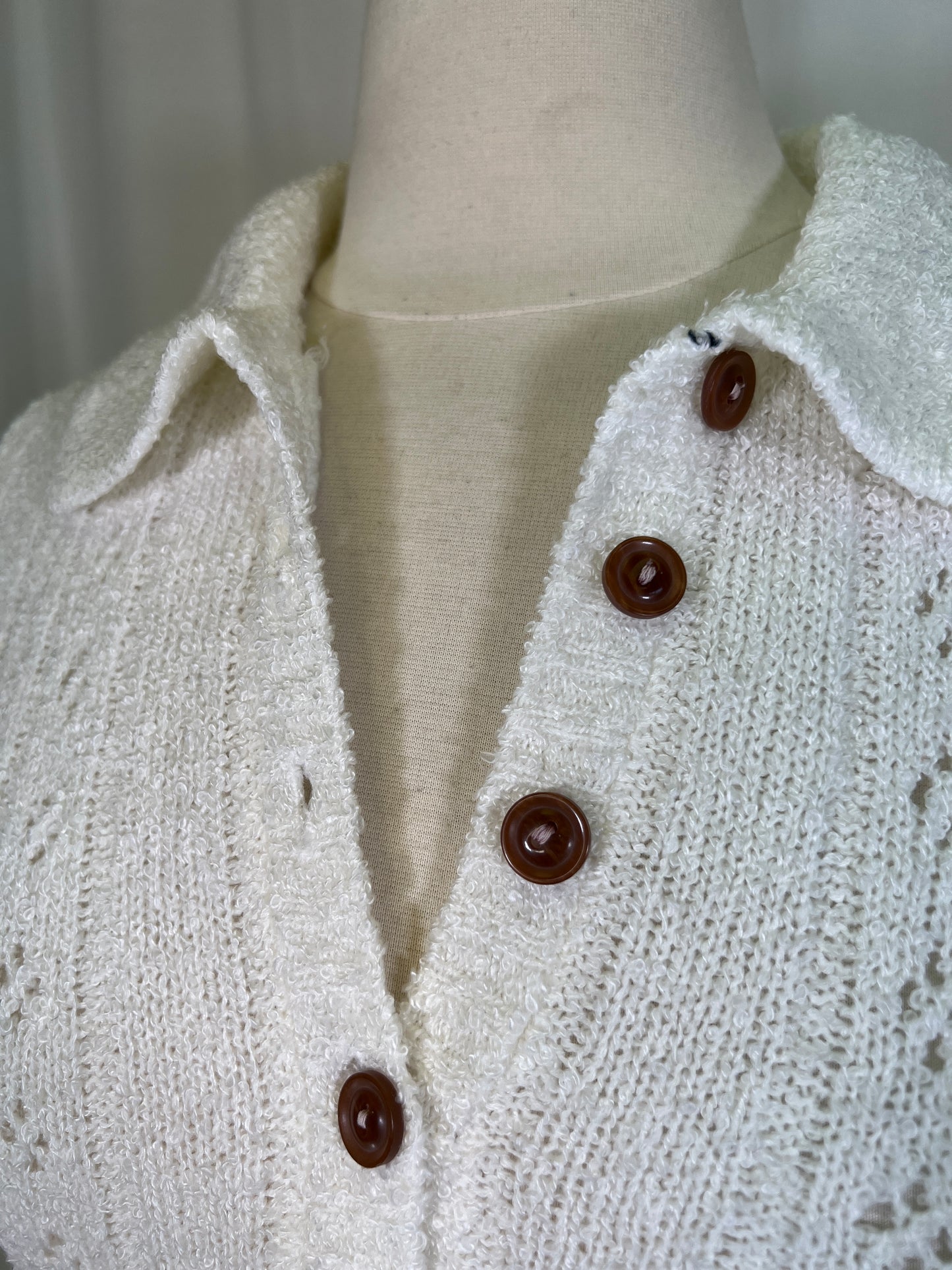 1970s White Pointelle Polo Button Sweater