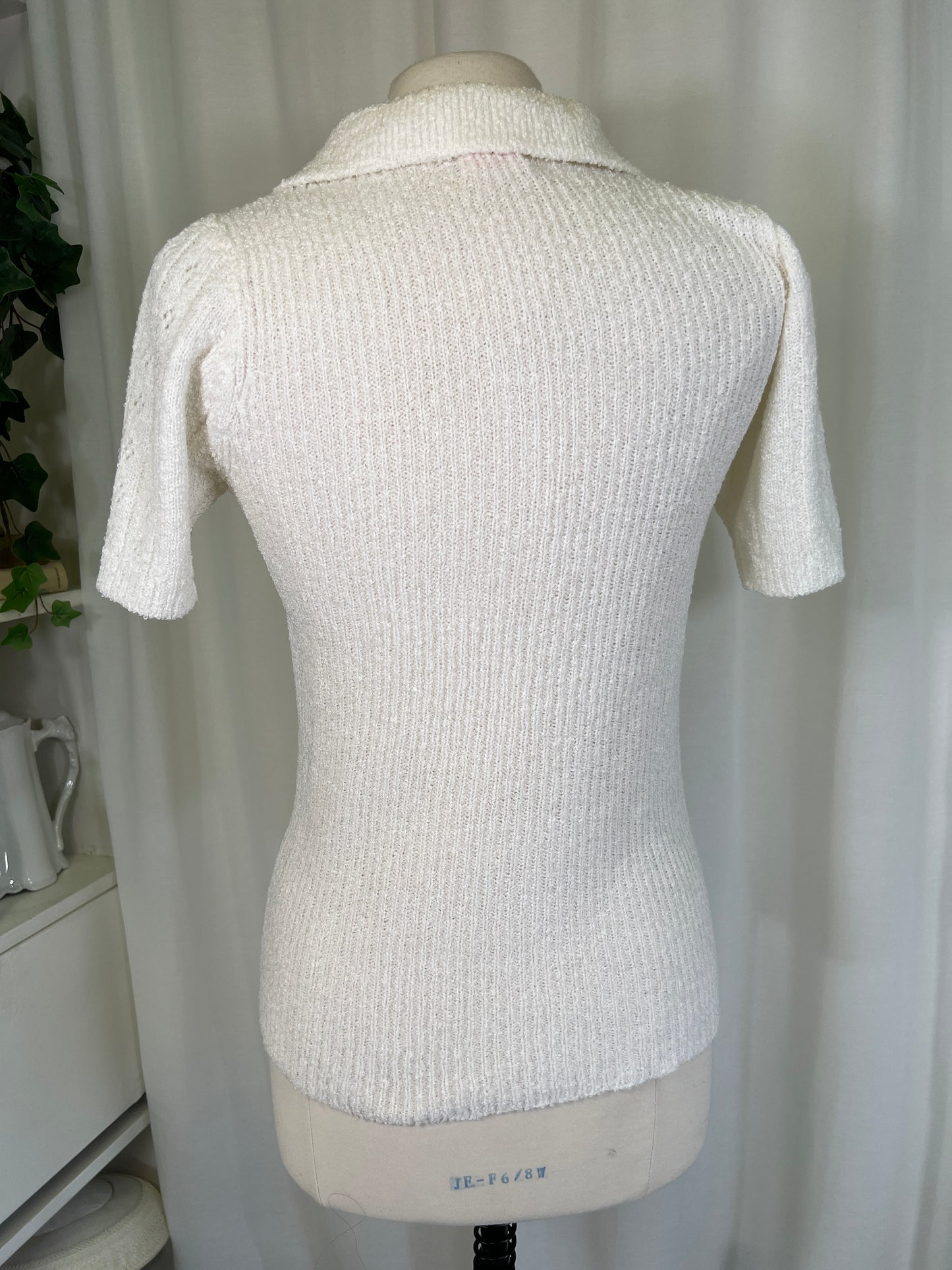 1970s White Pointelle Polo Button Sweater