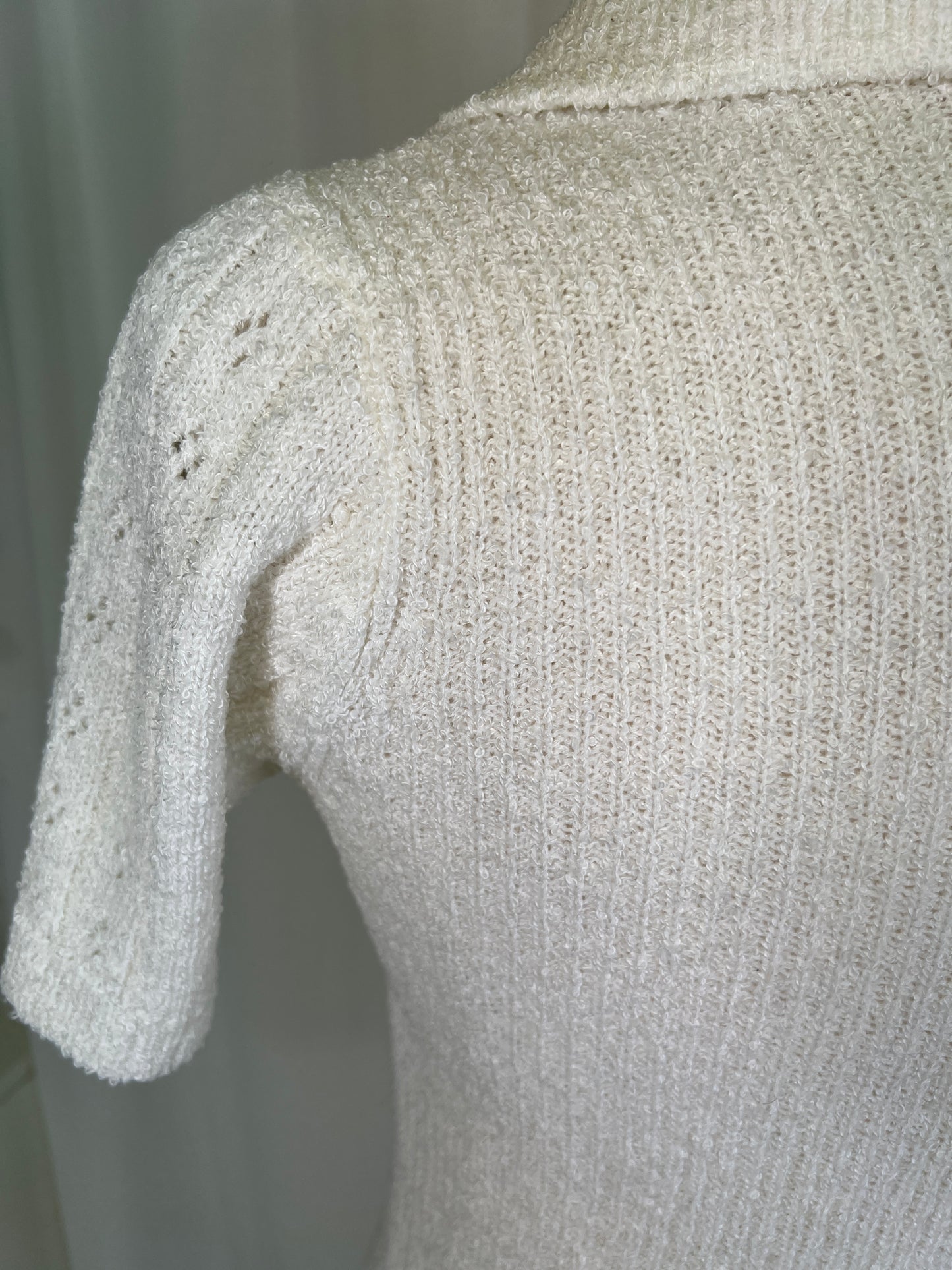 1970s White Pointelle Polo Button Sweater