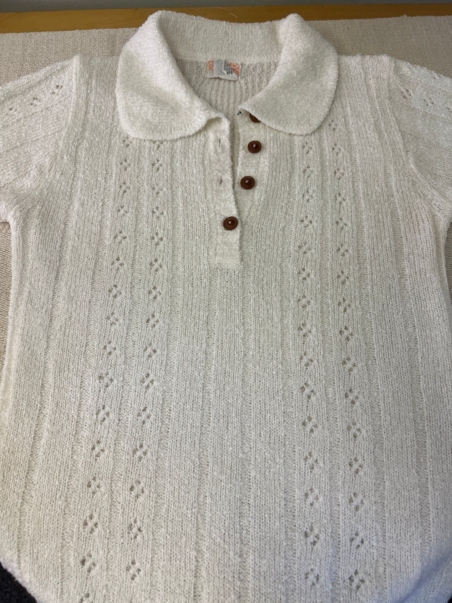 1970s White Pointelle Polo Button Sweater