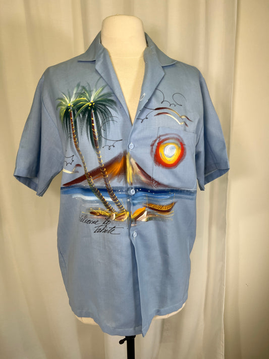 1980s Hand Painted Tahiti Palm Tree Scene Souvenir Button Up