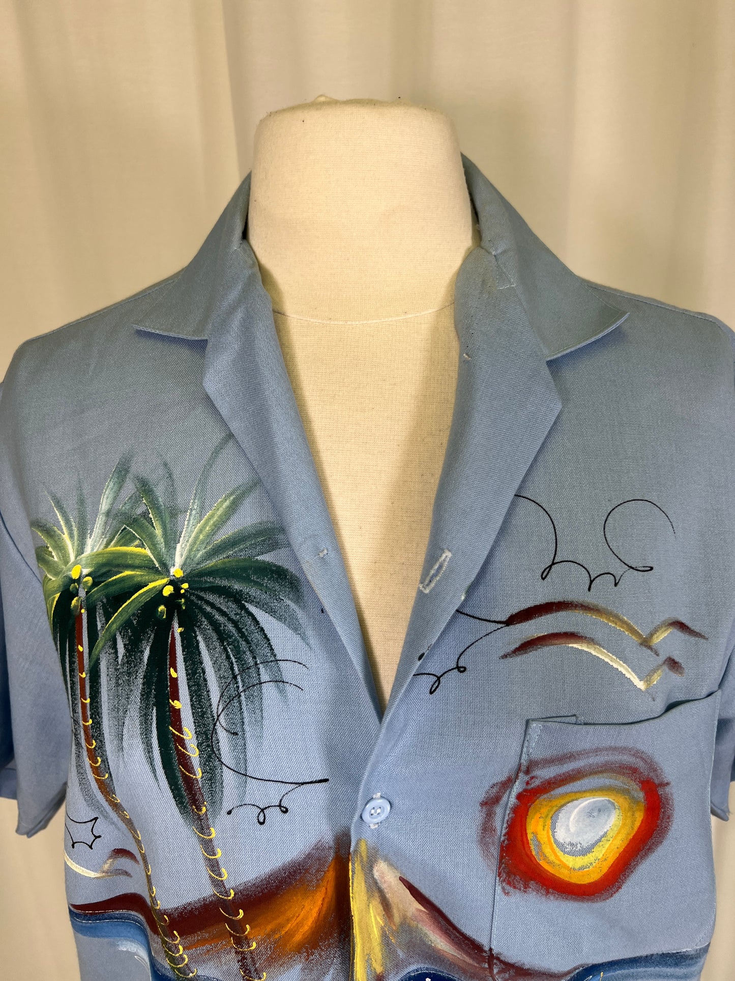 1980s Hand Painted Tahiti Palm Tree Scene Souvenir Button Up