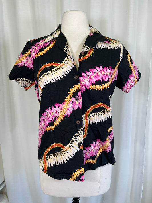 1990's Black Tropical Lei Print Blouse