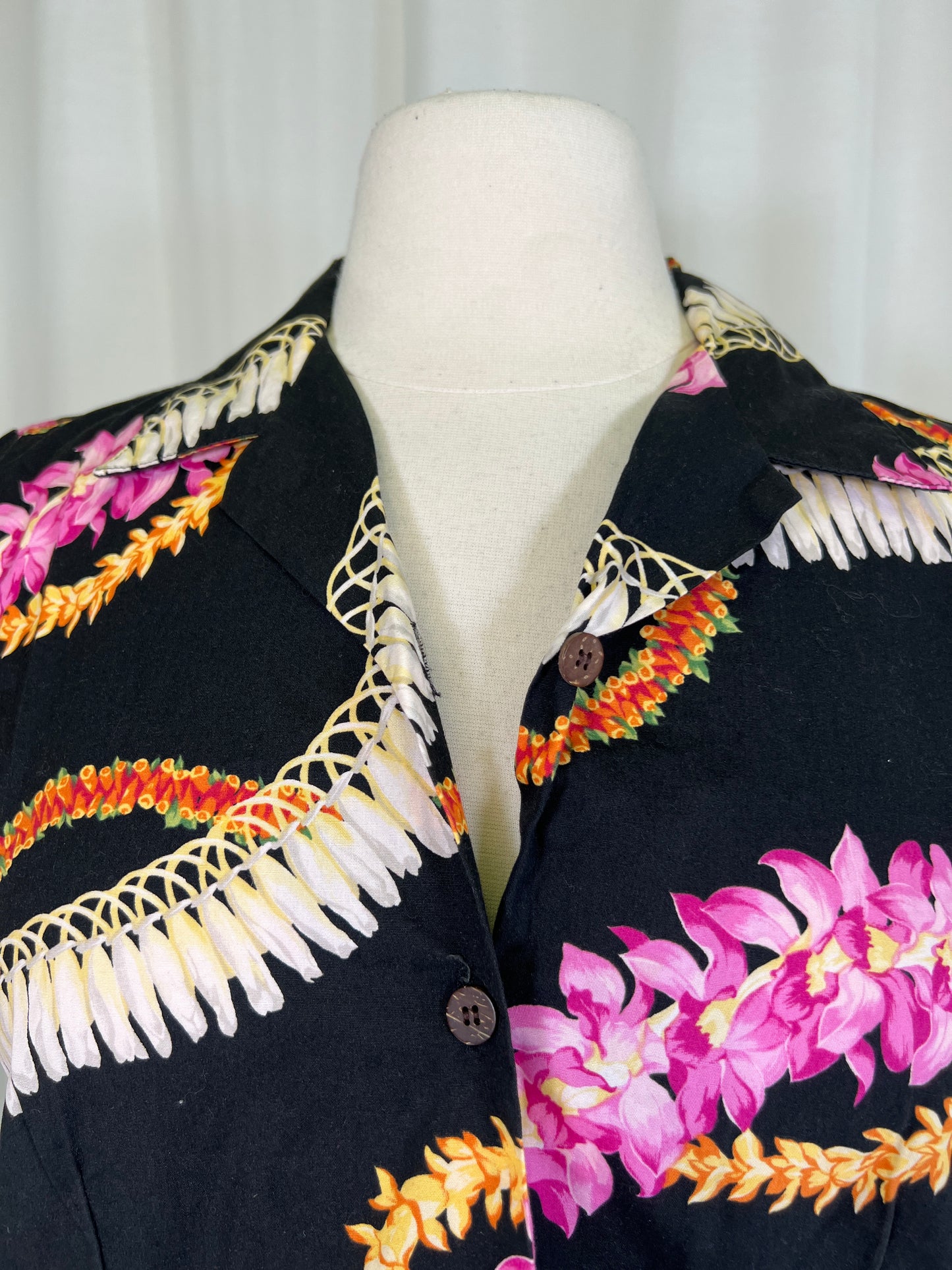 1990's Black Tropical Lei Print Blouse