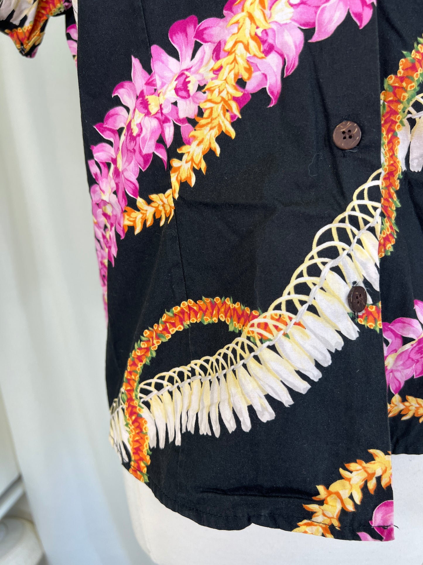 1990's Black Tropical Lei Print Blouse