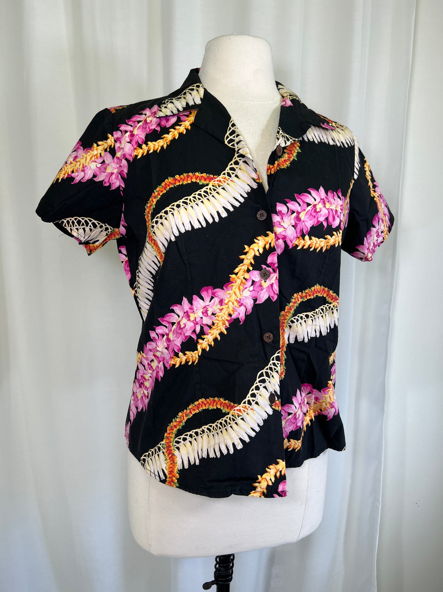 1990's Black Tropical Lei Print Blouse