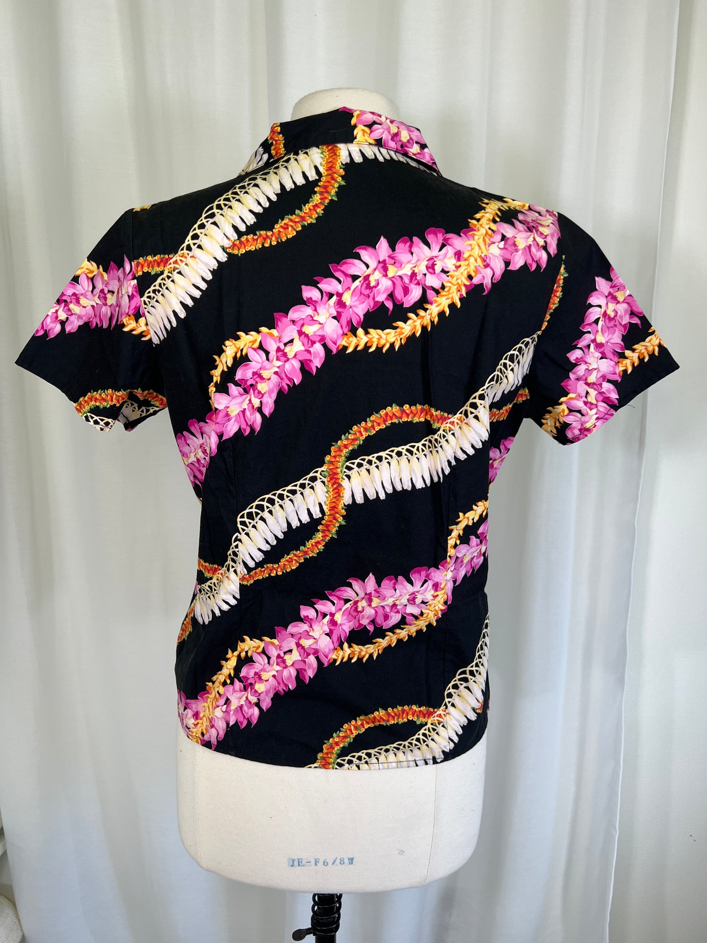 1990's Black Tropical Lei Print Blouse