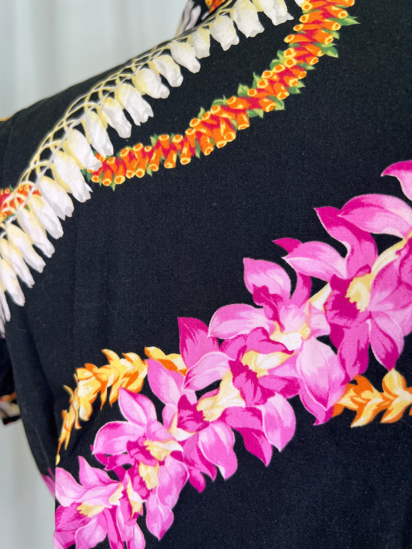 1990's Black Tropical Lei Print Blouse