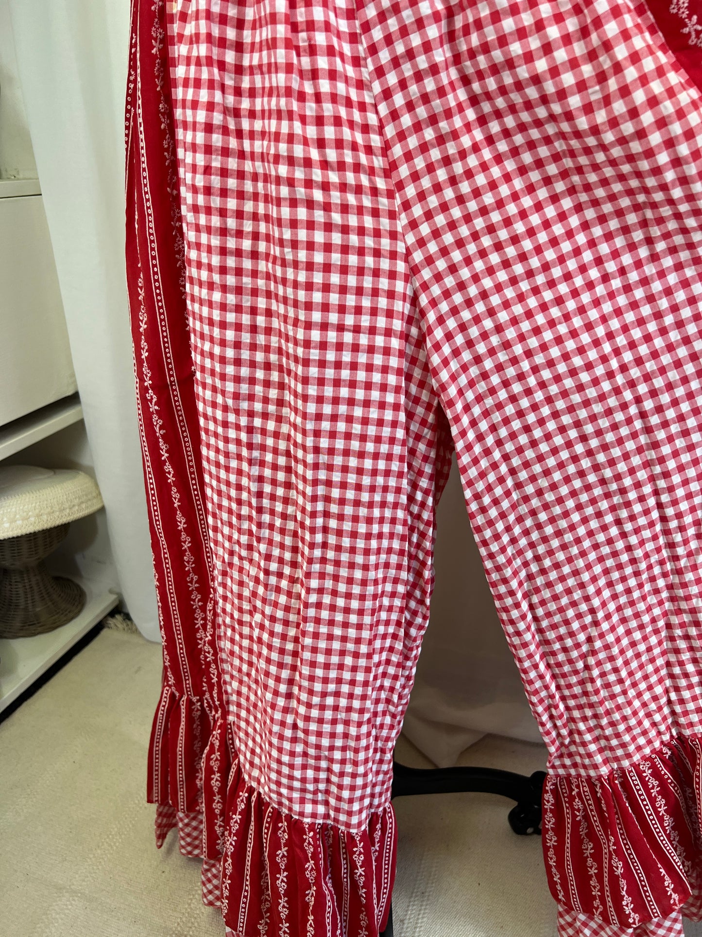 1970's Gingham Ultra Wide Leg Ruffled Palazzo Pants