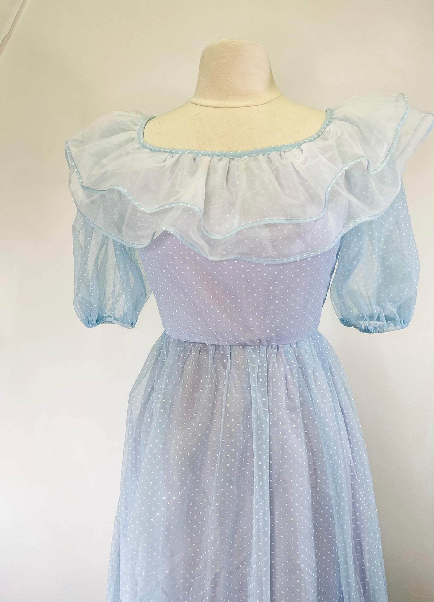 70s Blue Polka Dot Princess Gown