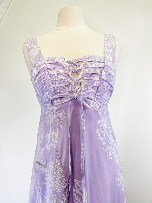 70s Lace Front Tahiti Imports Hawaiian Print Purple Gown