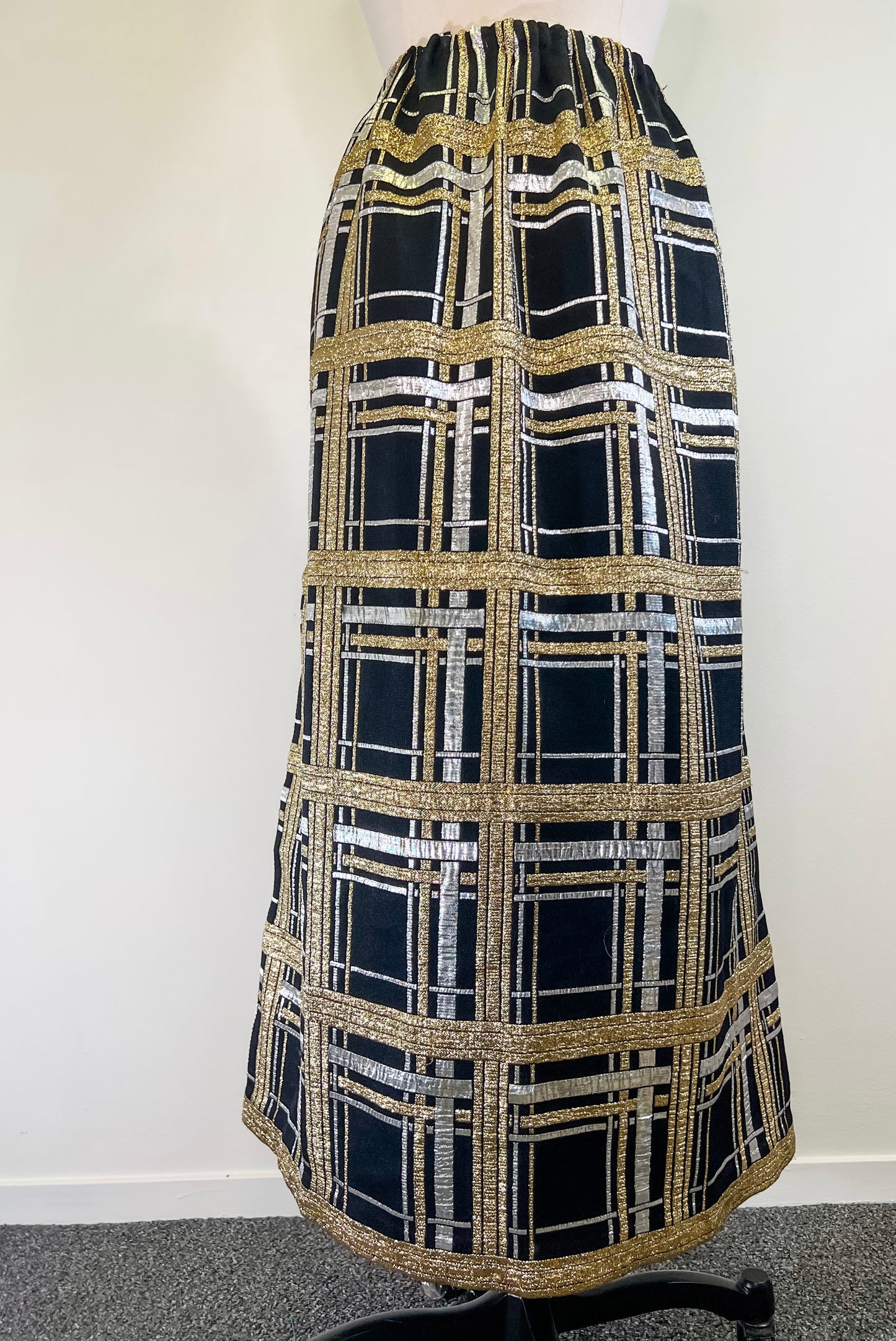 80s Mixed Metal Lamé Plaid Maxi Skirt