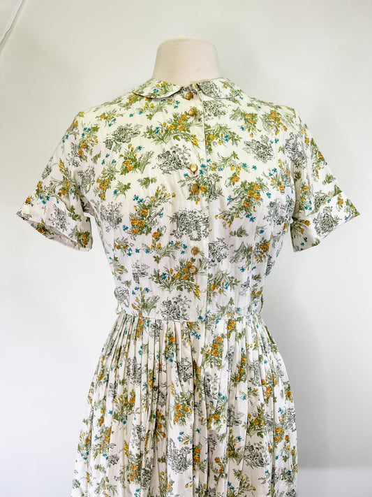 50s Green Toile Print Shirtwaist Dress