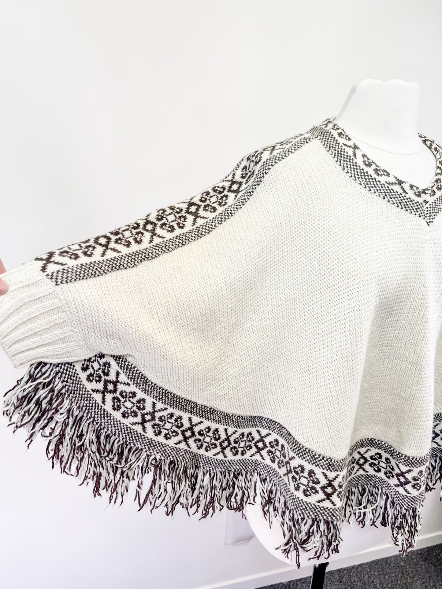 70s Brown and White Cuffed Poncho