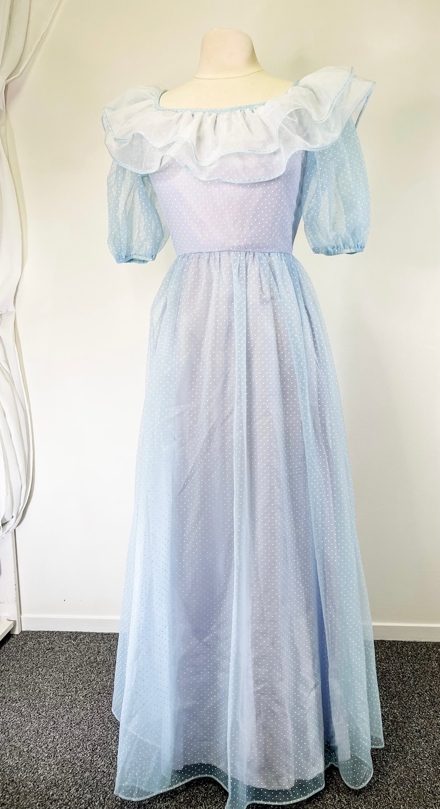 70s Blue Polka Dot Princess Gown