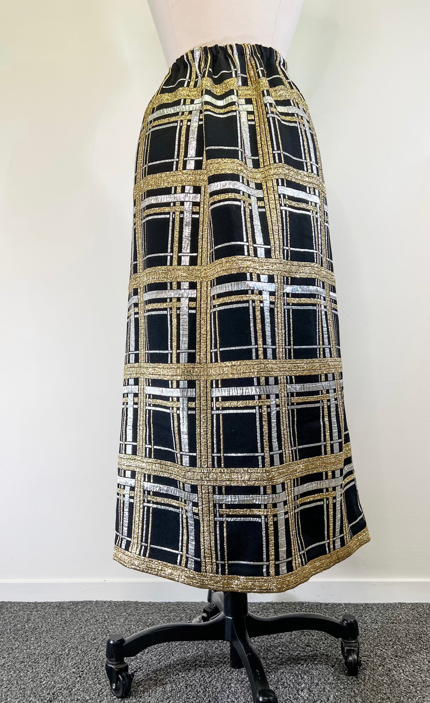 80s Mixed Metal Lamé Plaid Maxi Skirt